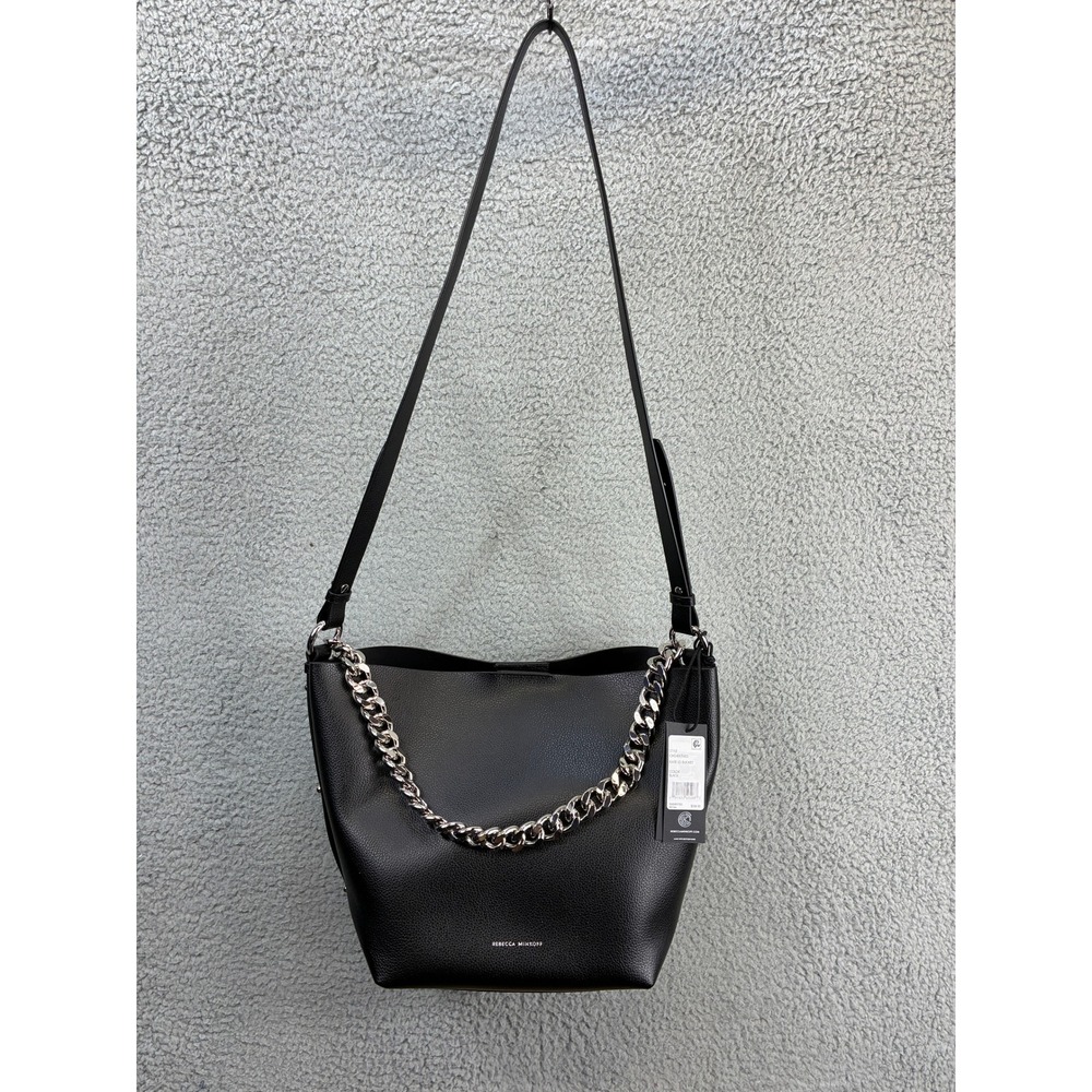 Rebecca Minkoff Kate Large Bucket Bag Womens OS Black Leather Silver Chain Purse - Picture 2 of 16